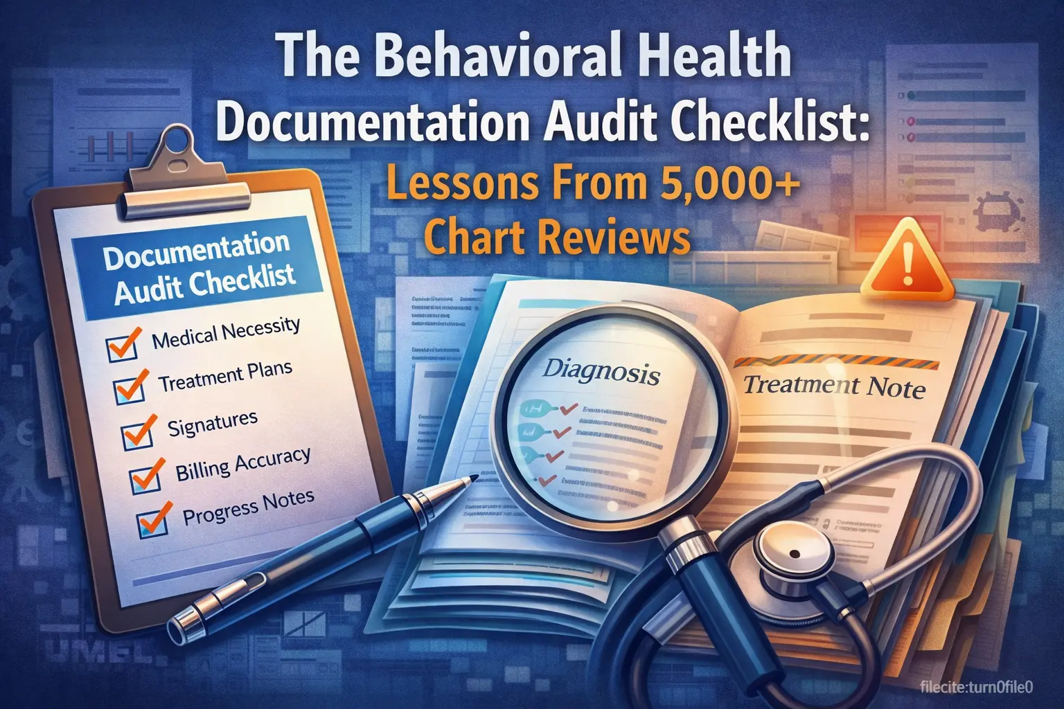 Behavioral health documentation audit checklist with medical necessity, treatment plans, billing accuracy, and chart review elements