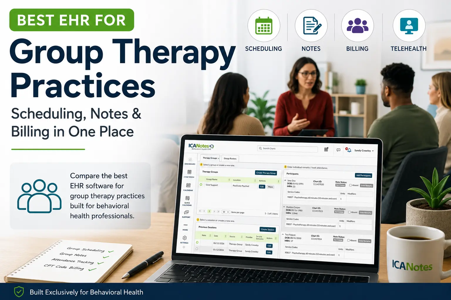 ICANotes EHR group therapy session management dashboard featuring scheduling, notes, and billing in one platform.