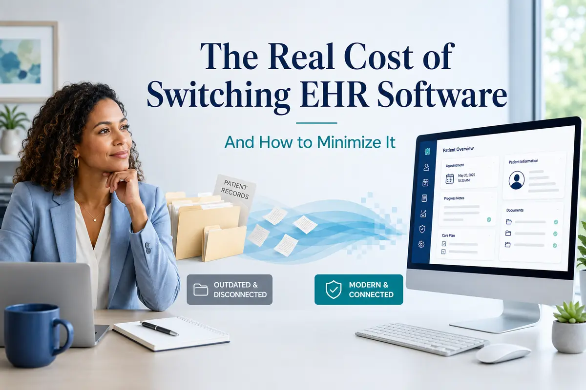 Behavioral health clinician reviewing the cost of switching EHR software, with patient records migrating to a modern digital EHR system.
