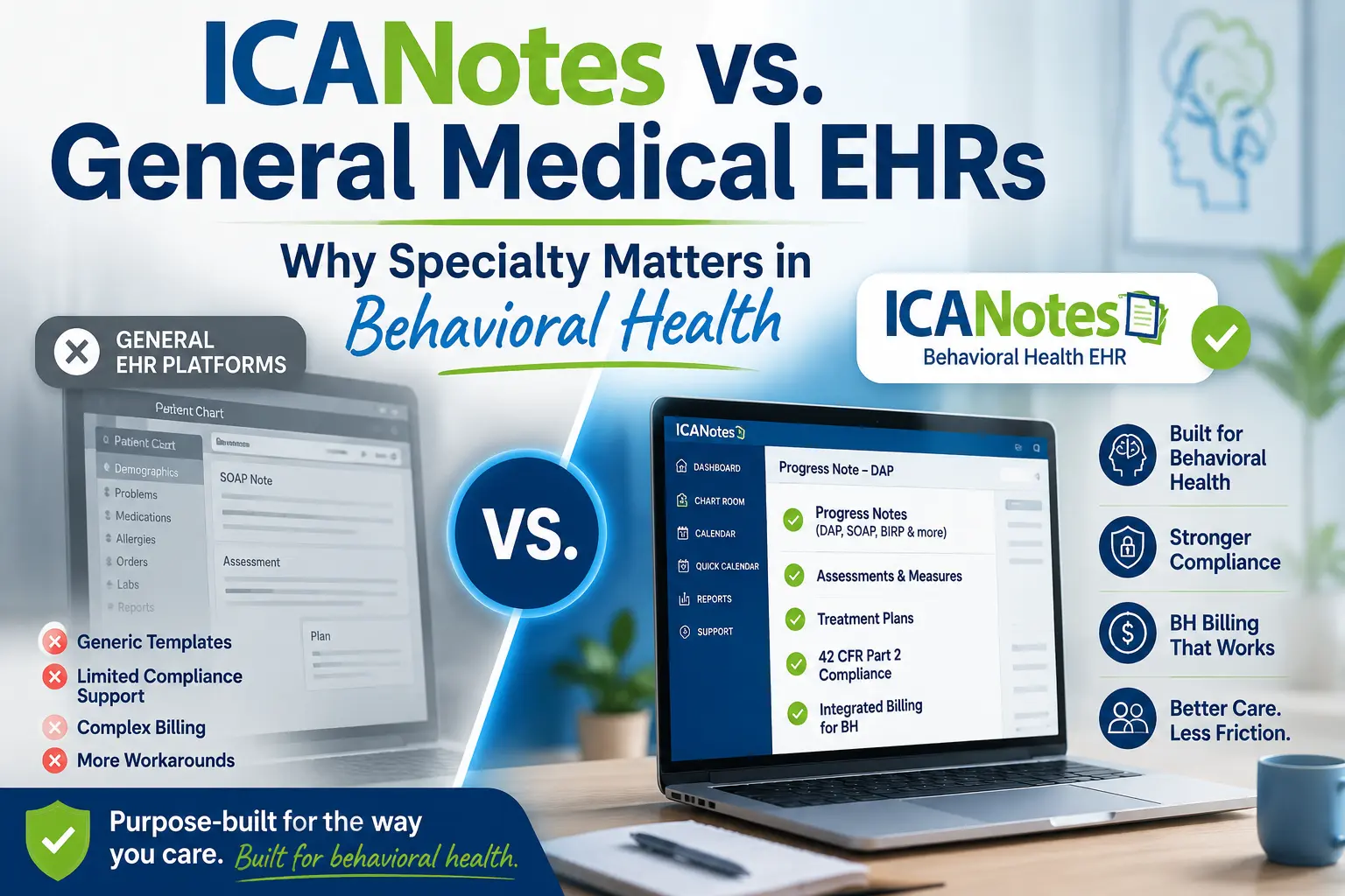 Side-by-side comparison of ICANotes behavioral health EHR and general medical EHR platforms, highlighting behavioral health documentation, compliance, billing, and workflow advantages.